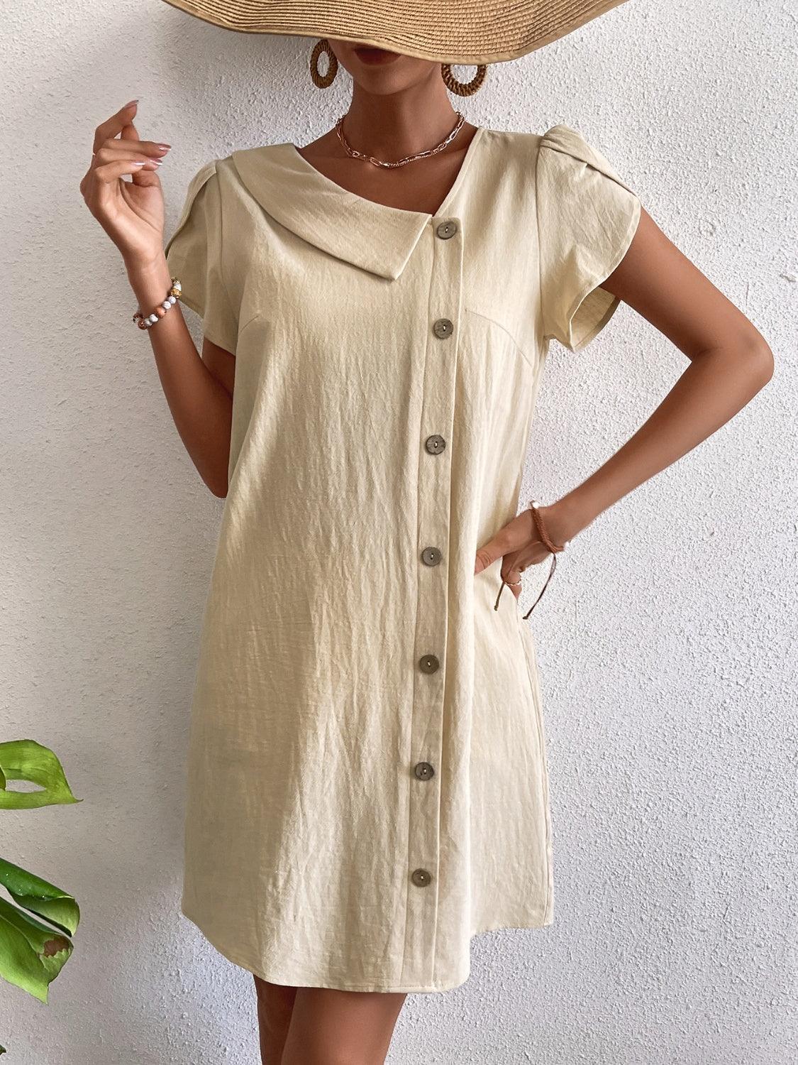 Decorative Button Asymmetrical Neck Short Sleeve Dress Carauana Store