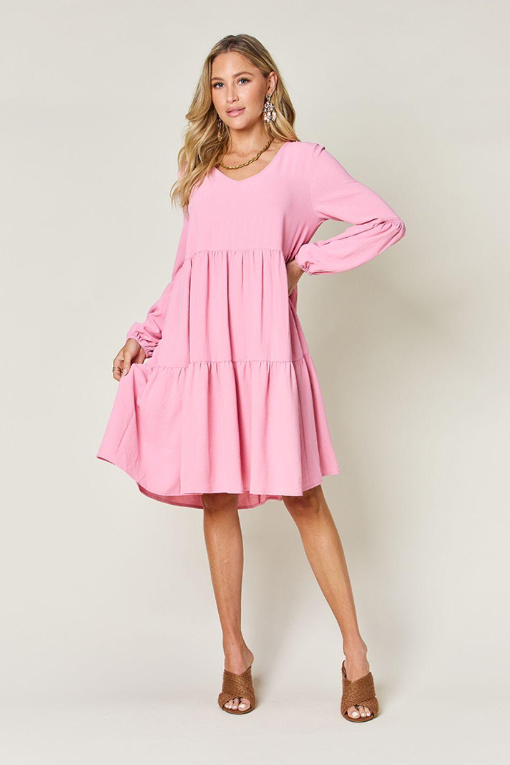 Double Take Full Size V-Neck Balloon Sleeve Tiered Dress Carauana Store