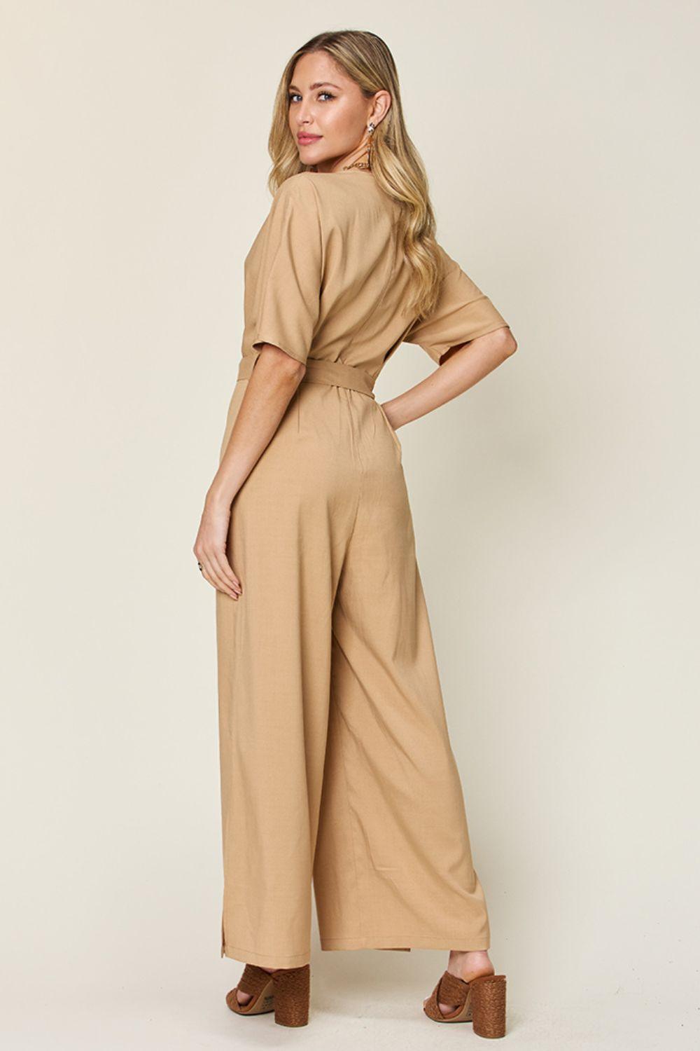 Double Take Full Size V-Neck Tie Front Short Sleeve Slit Jumpsuit Carauana Store