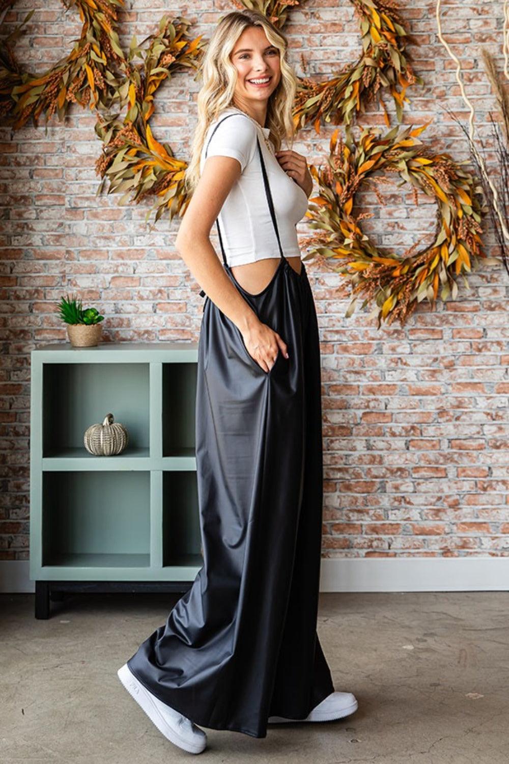 First Love Drawstring Back Spaghetti Strap Wide Leg Overall Carauana Store