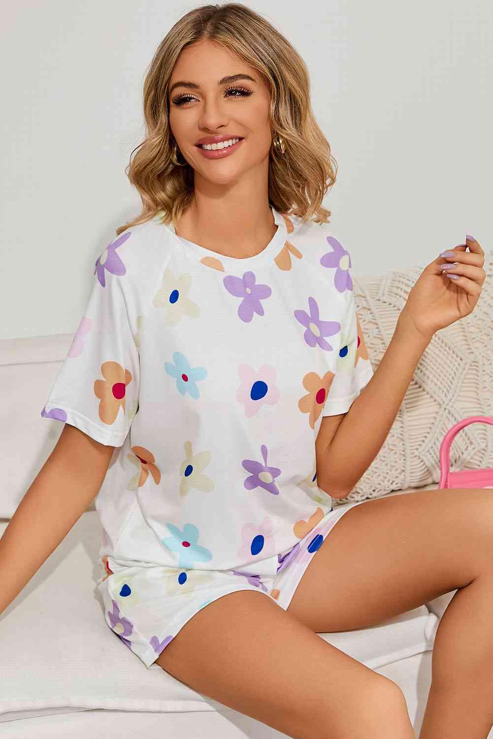 Floral Round Neck Raglan Sleeve Top and Shorts Lounge Set Carauana Store