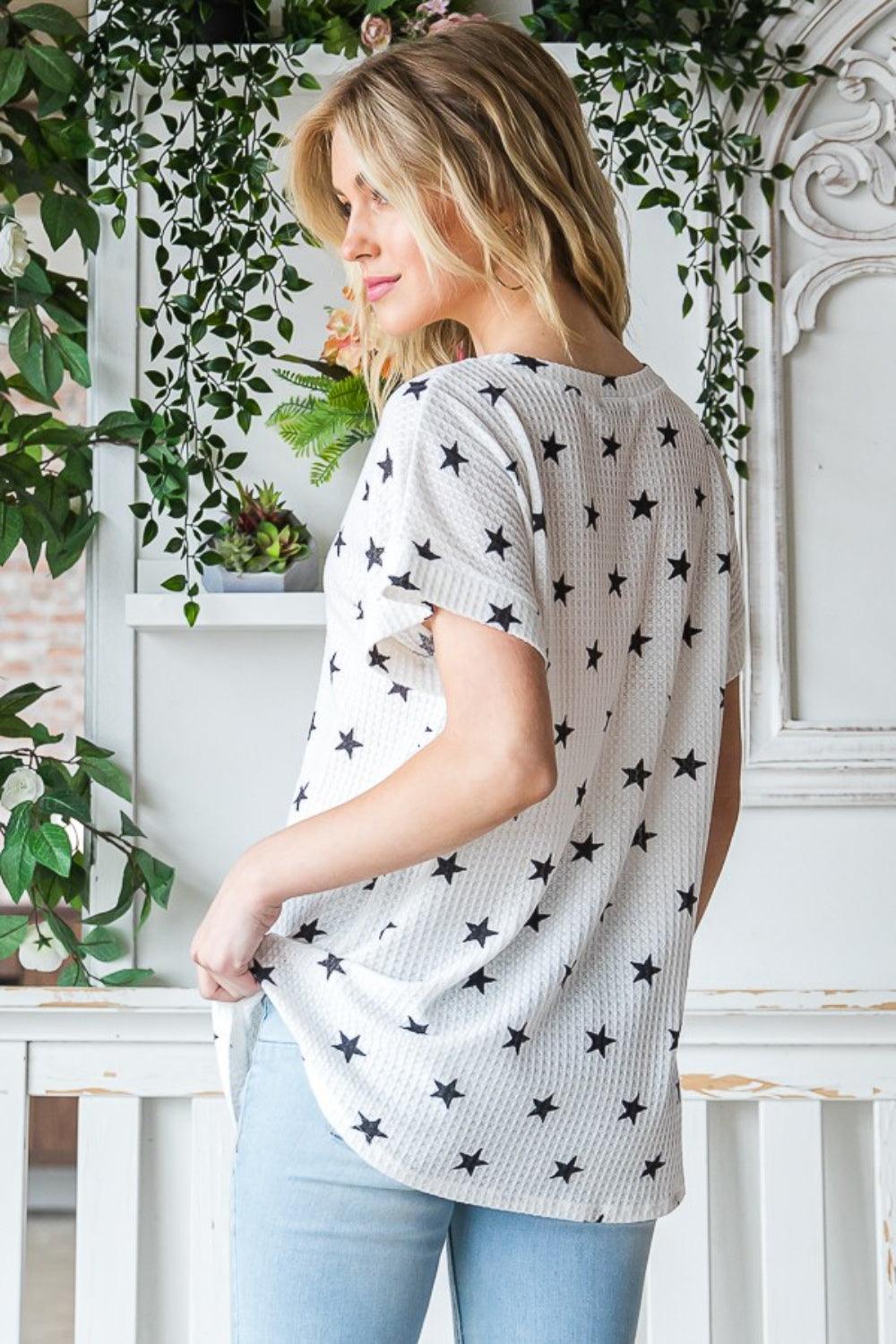 Heimish Full Size Star Print Short Sleeve V-Neck Waffle Knit T-Shirt Carauana Store
