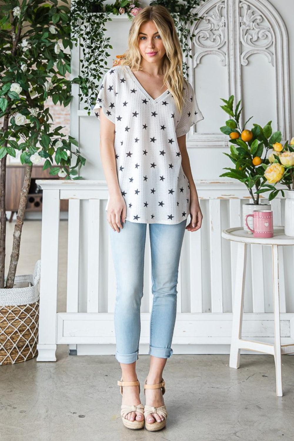 Heimish Full Size Star Print Short Sleeve V-Neck Waffle Knit T-Shirt Carauana Store