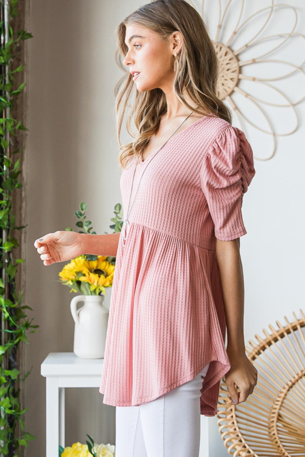 Heimish Full Size Waffle Knit V-Neck Babydoll Top Carauana Store