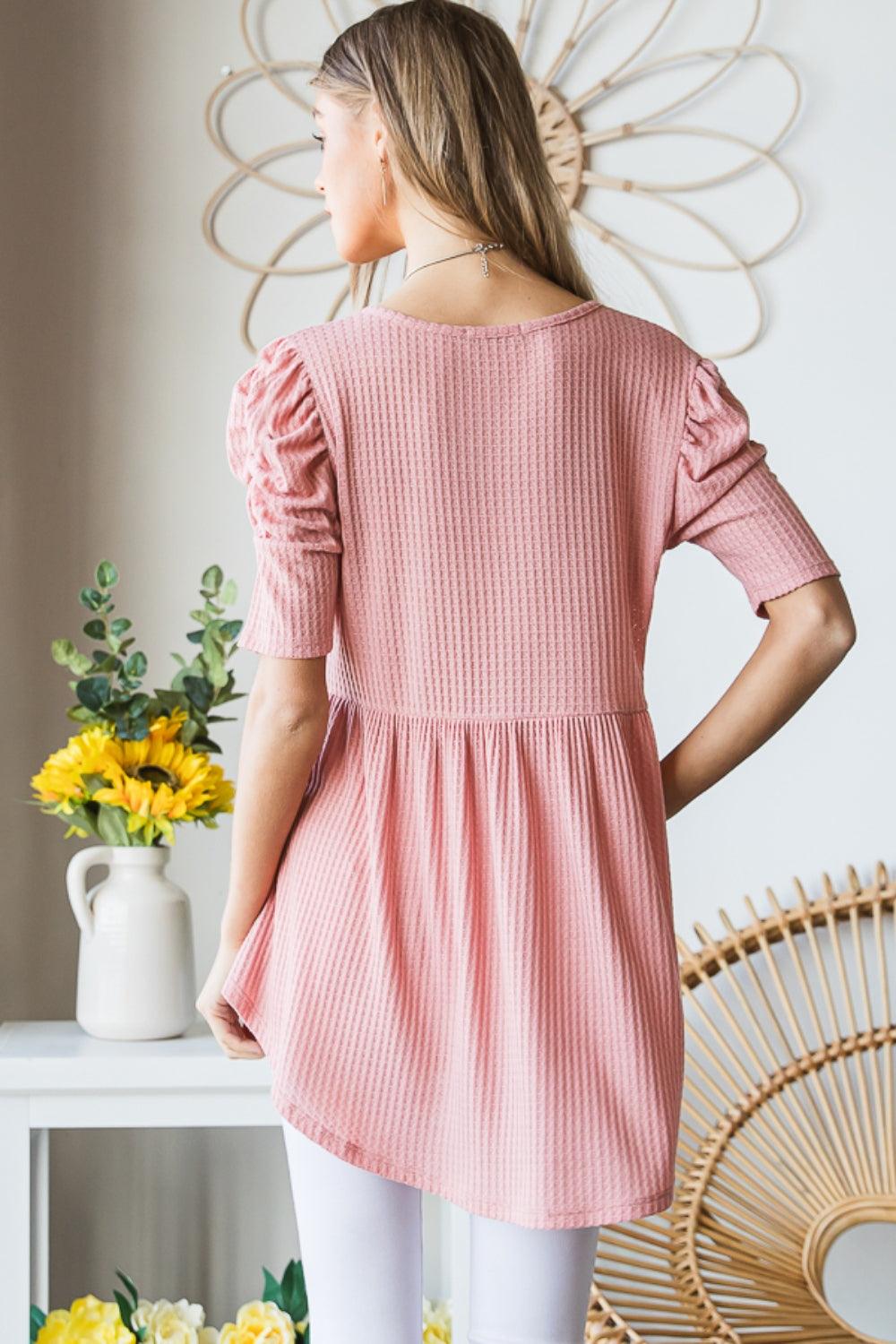 Heimish Full Size Waffle Knit V-Neck Babydoll Top Carauana Store