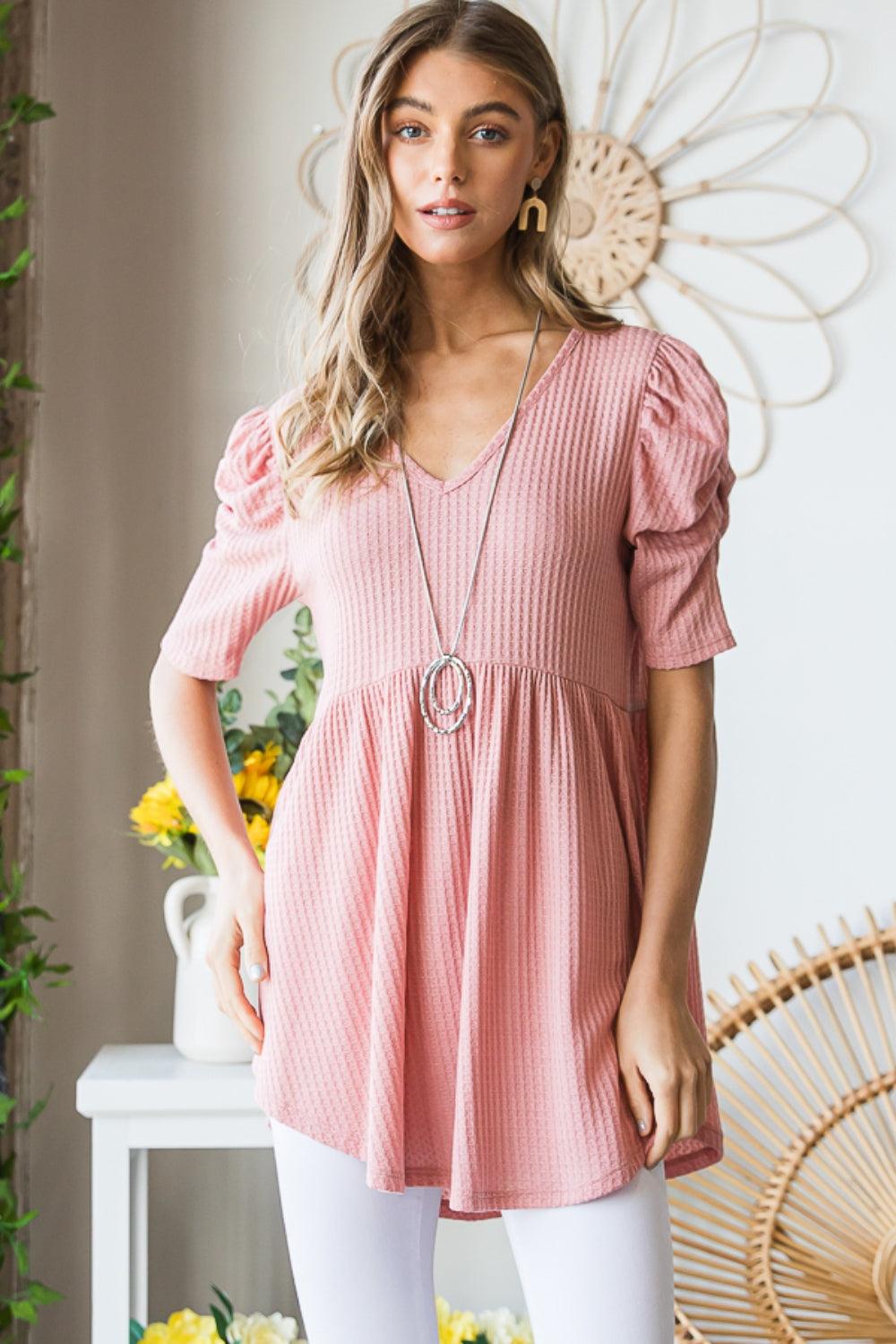 Heimish Full Size Waffle Knit V-Neck Babydoll Top Carauana Store