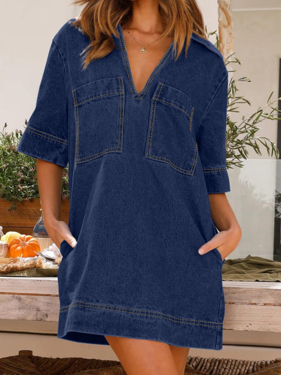 Johnny Collar Half Sleeve Denim Dress Carauana Store