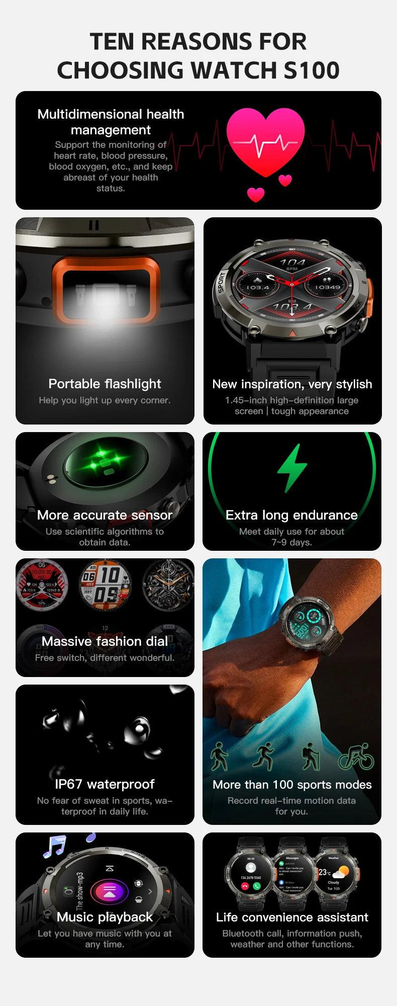 LEMFO Smartwatch With Flash Light 500Lumin S100 Men Women|Your Ultimate Fitness Companion Carauana Store