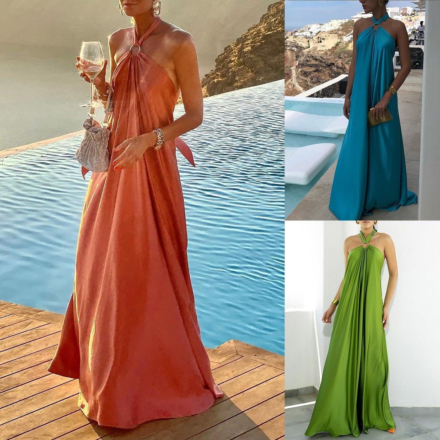 Long Formal Satin Dress Halter Neck Sleeveless Carauana Store