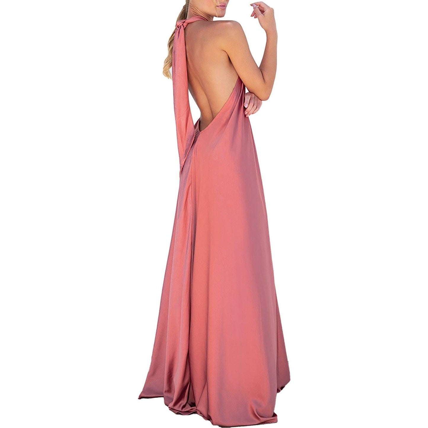 Long Formal Satin Dress Halter Neck Sleeveless Carauana Store