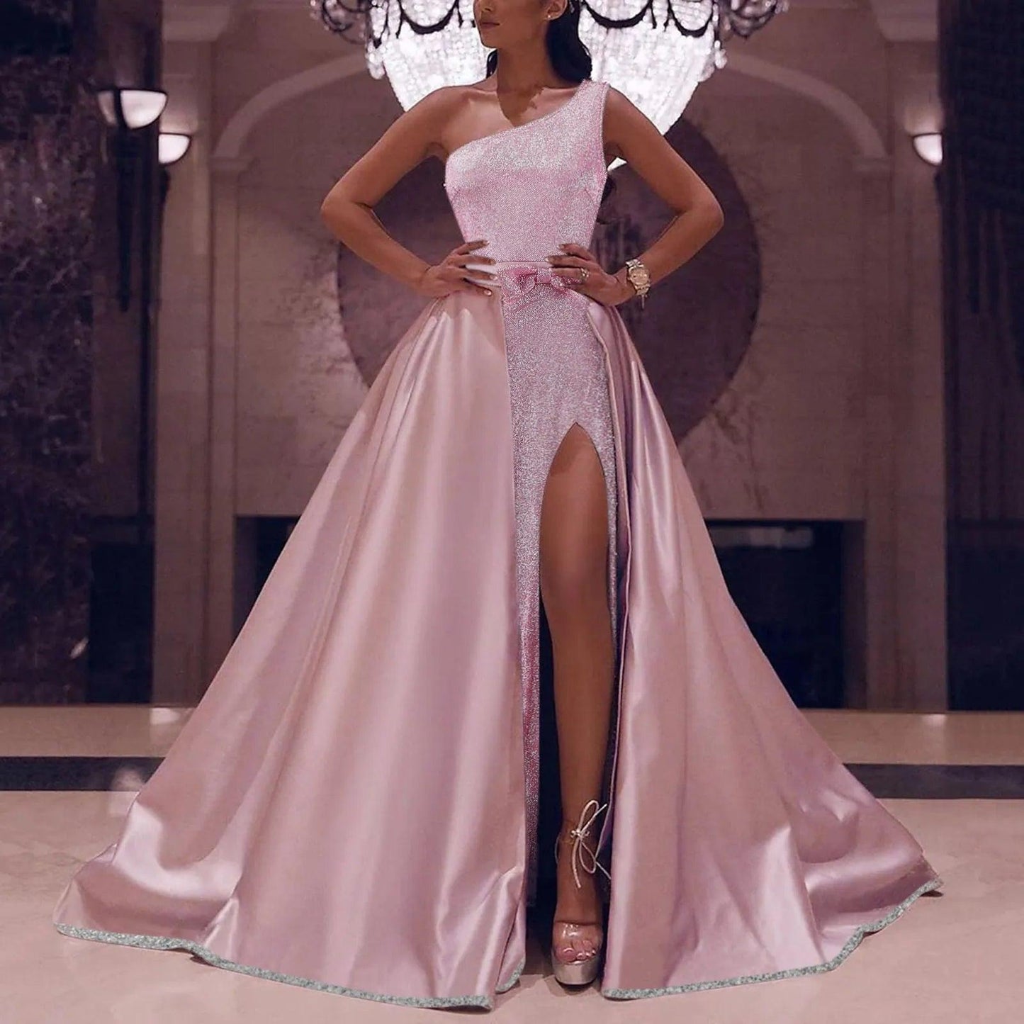 Maxi Dresses Women Evening Elegant Sexy One Shoulder Backless Satin Pleated Carauana Store