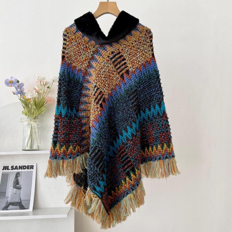 New Pullover Cloak Tassel Warm Shawl Imitation Wool Collar Ponchos Carauana Store