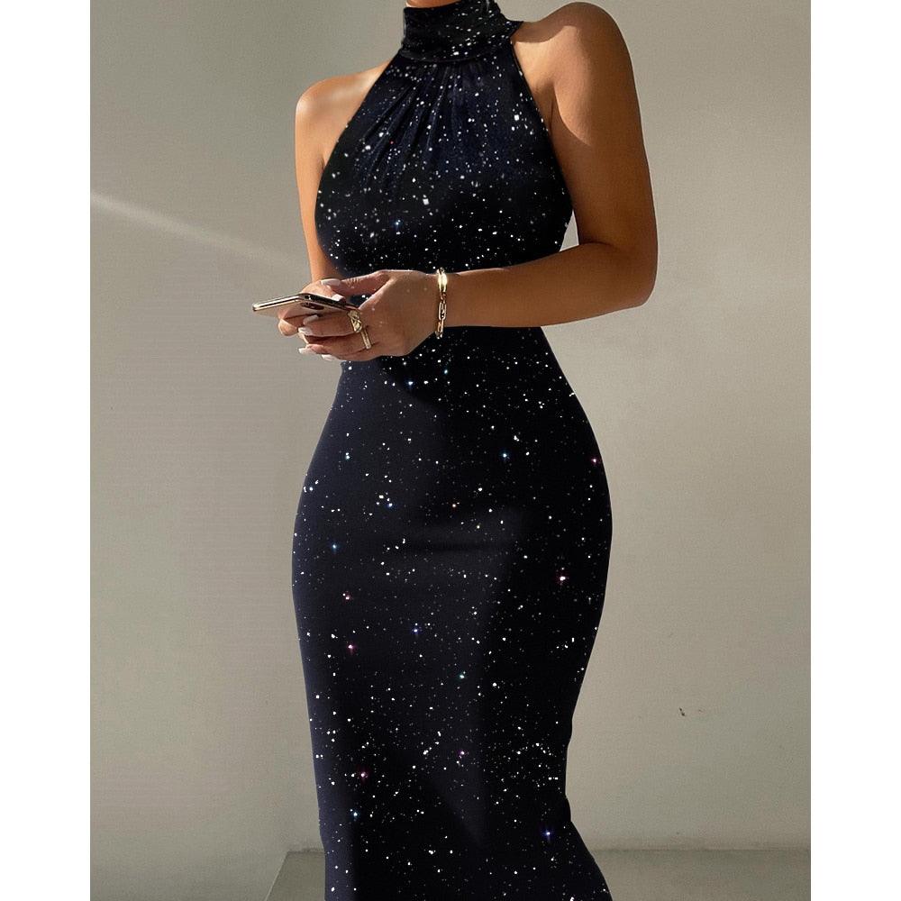 New Women Elegant Bodycon Mini Dress Glitter High Neck Sleeveless Bodycon Sexy Slim Fit Party Dress Carauana Store