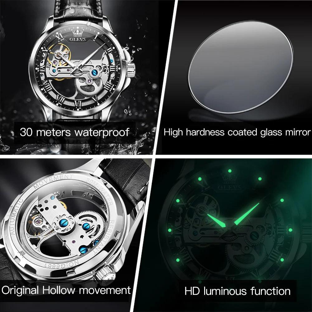 OLEVS Men's Automatic Mechanical Waterproof Luxury Wristwatch with Luminous Leather Strap - Gift Box Included Carauana Store
