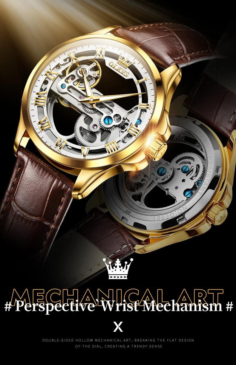 OLEVS Men's Automatic Mechanical Waterproof Luxury Wristwatch with Luminous Leather Strap - Gift Box Included Carauana Store