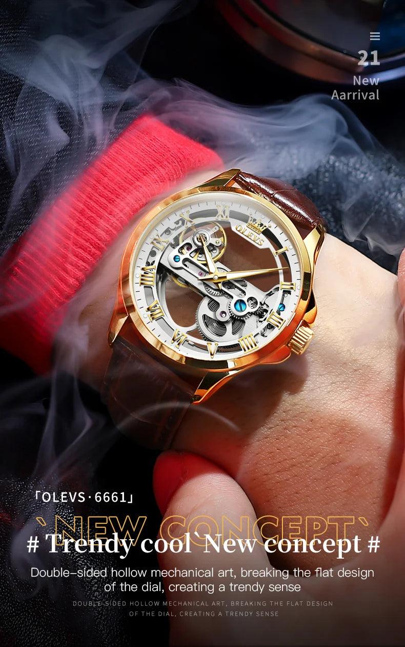 OLEVS Men's Automatic Mechanical Waterproof Luxury Wristwatch with Luminous Leather Strap - Gift Box Included Carauana Store