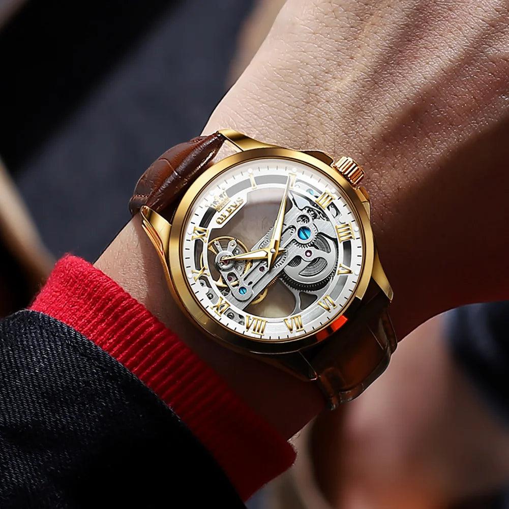 OLEVS Men's Automatic Mechanical Waterproof Luxury Wristwatch with Luminous Leather Strap - Gift Box Included Carauana Store
