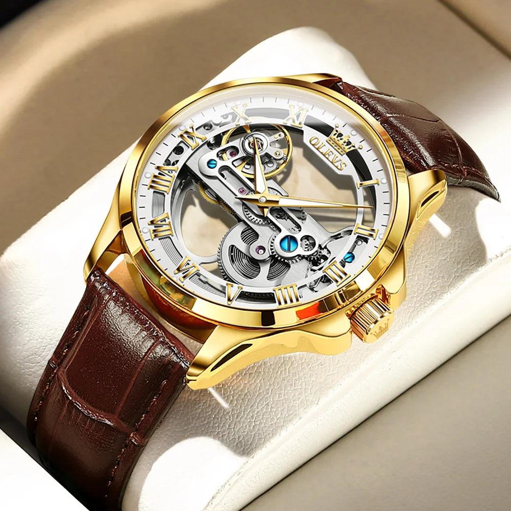 OLEVS Men's Automatic Mechanical Waterproof Luxury Wristwatch with Luminous Leather Strap - Gift Box Included Carauana Store