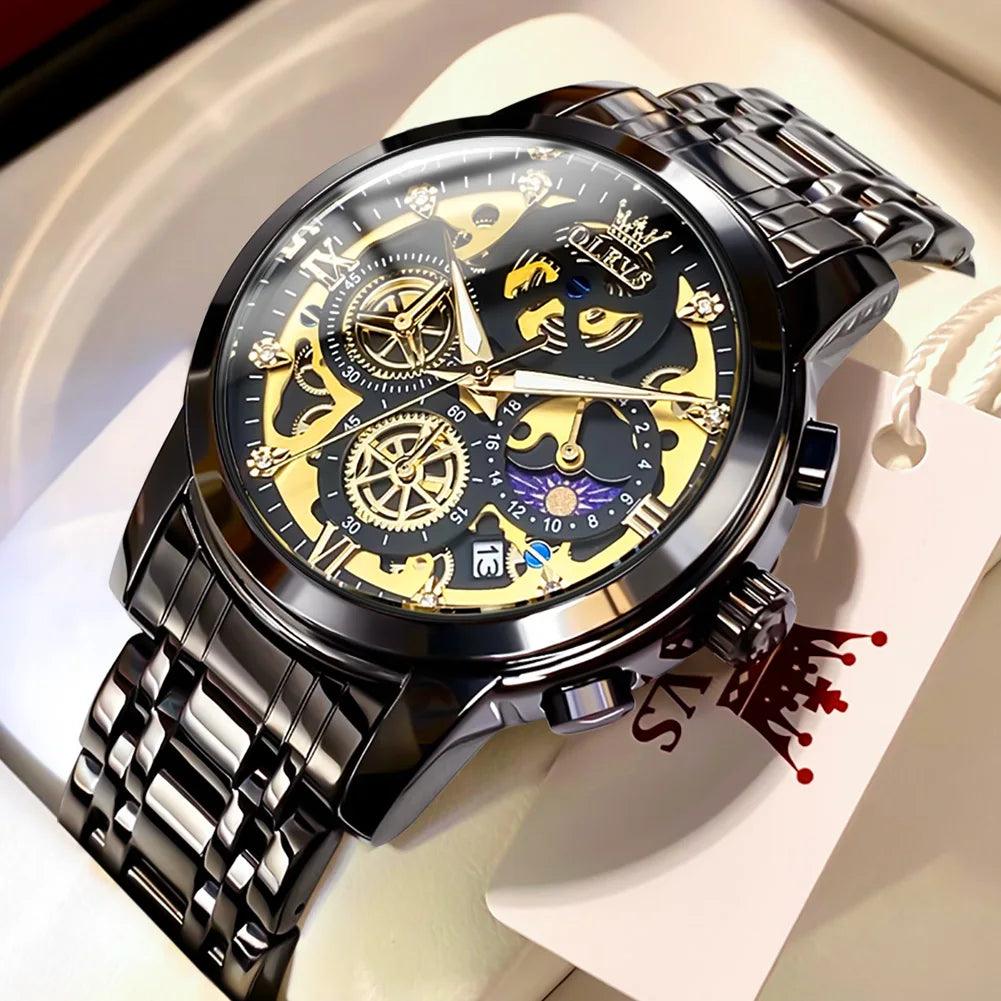 OLEVS Men's Watches Top Brand Luxury Original Waterproof Quartz Watch for Man Gold Skeleton Style 24 Hour Day Night New Carauana Store