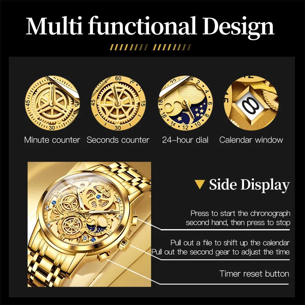 OLEVS Men's Watches Top Brand Luxury Original Waterproof Quartz Watch for Man Gold Skeleton Style 24 Hour Day Night New Carauana Store