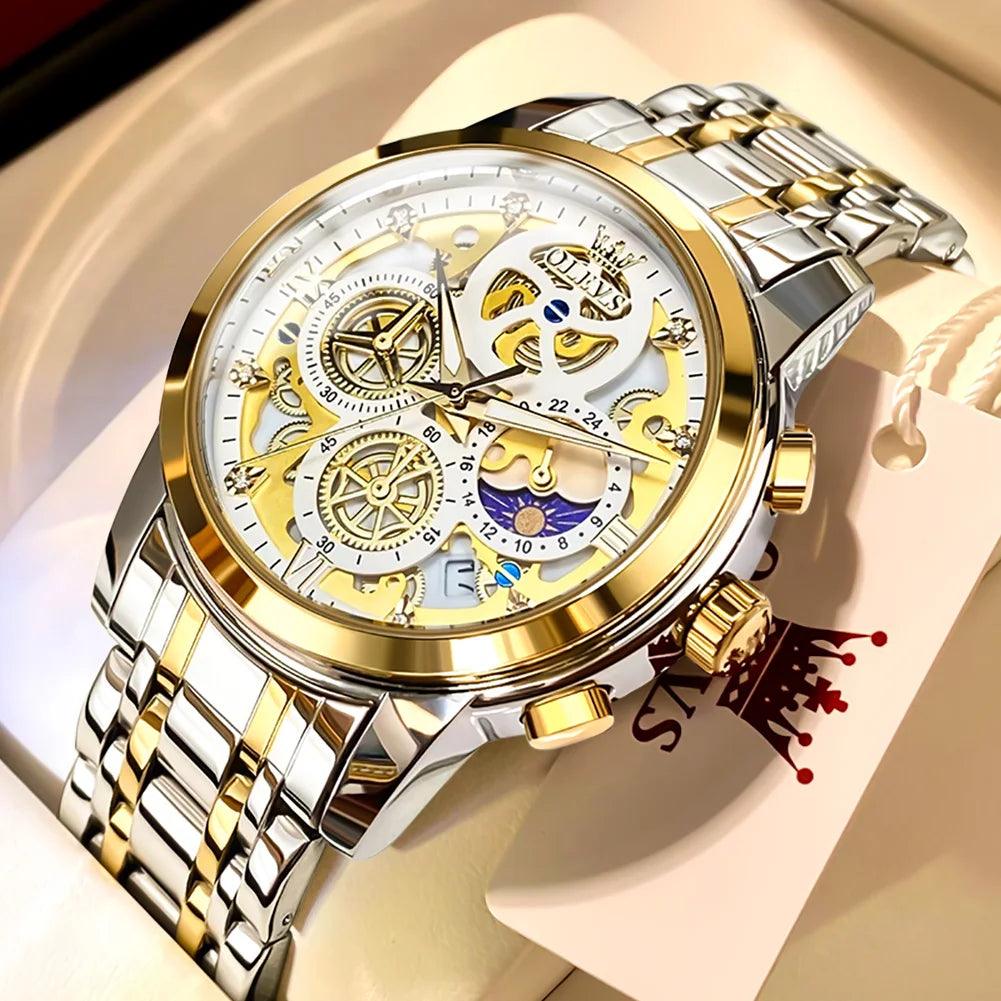 OLEVS Men's Watches Top Brand Luxury Original Waterproof Quartz Watch for Man Gold Skeleton Style 24 Hour Day Night New Carauana Store