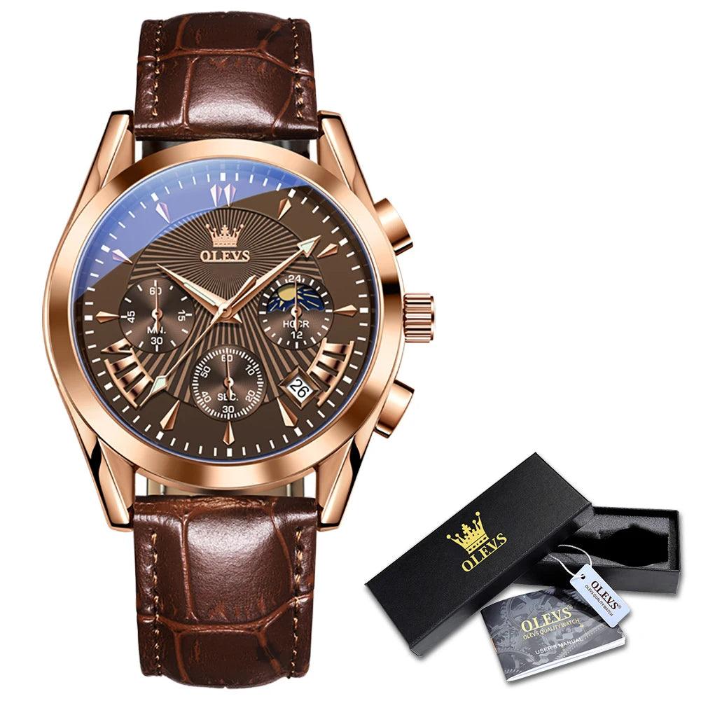 OLEVS Original Men's Watches Sport Chronograph Quartz Male Watch Waterproof Leather Strap Luminous Wristwatch 24 hour dial Carauana Store