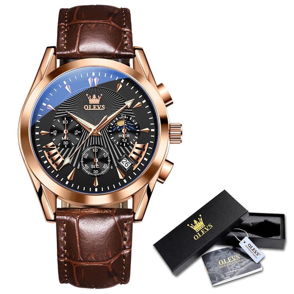 OLEVS Original Men's Watches Sport Chronograph Quartz Male Watch Waterproof Leather Strap Luminous Wristwatch 24 hour dial Carauana Store
