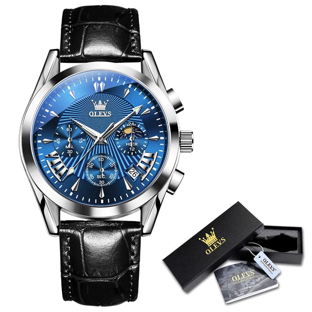 OLEVS Original Men's Watches Sport Chronograph Quartz Male Watch Waterproof Leather Strap Luminous Wristwatch 24 hour dial Carauana Store