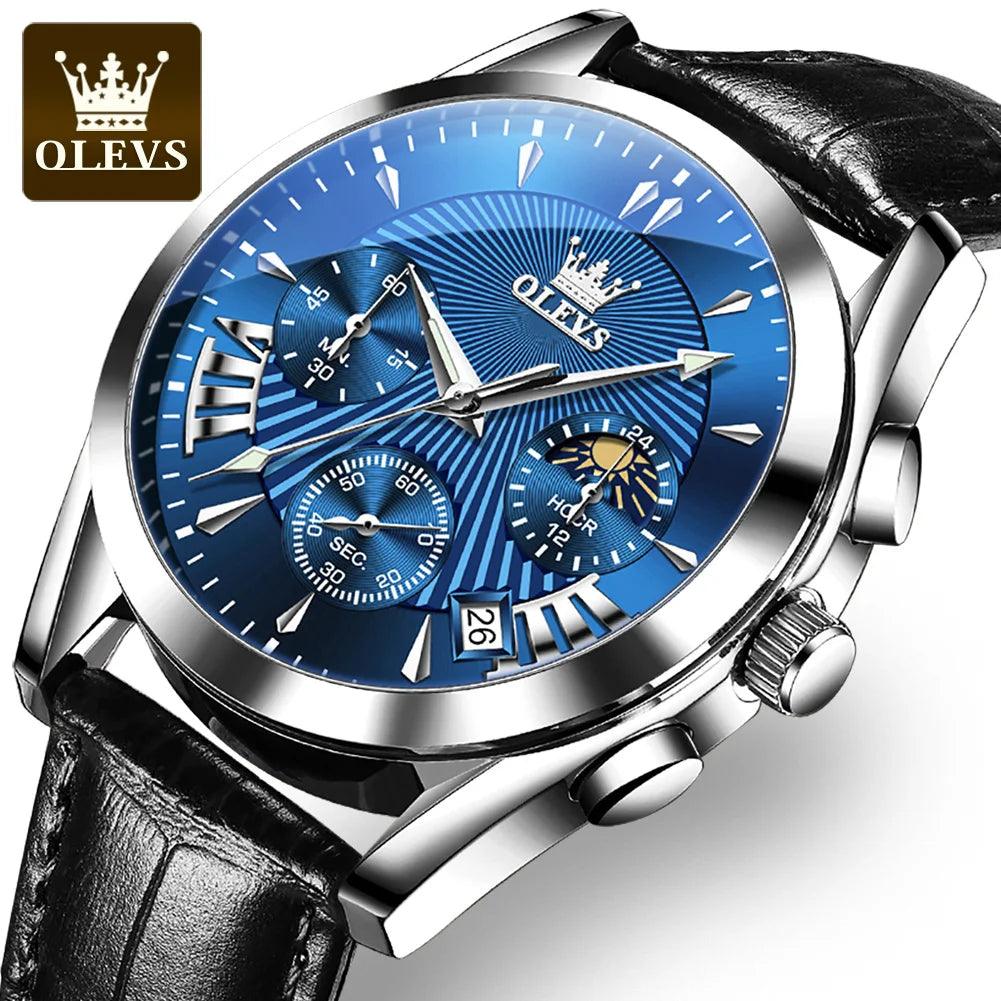OLEVS Original Men's Watches Sport Chronograph Quartz Male Watch Waterproof Leather Strap Luminous Wristwatch 24 hour dial Carauana Store