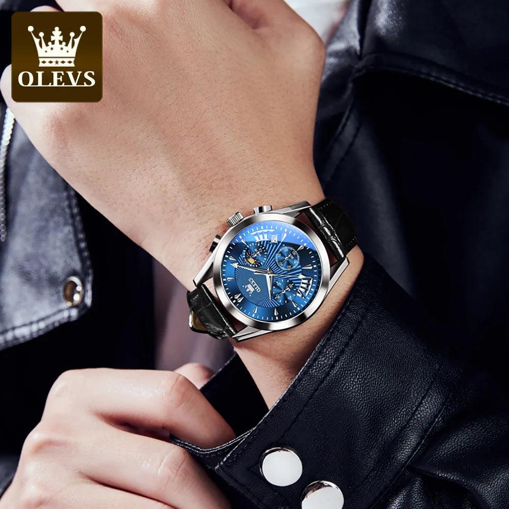OLEVS Original Men's Watches Sport Chronograph Quartz Male Watch Waterproof Leather Strap Luminous Wristwatch 24 hour dial Carauana Store