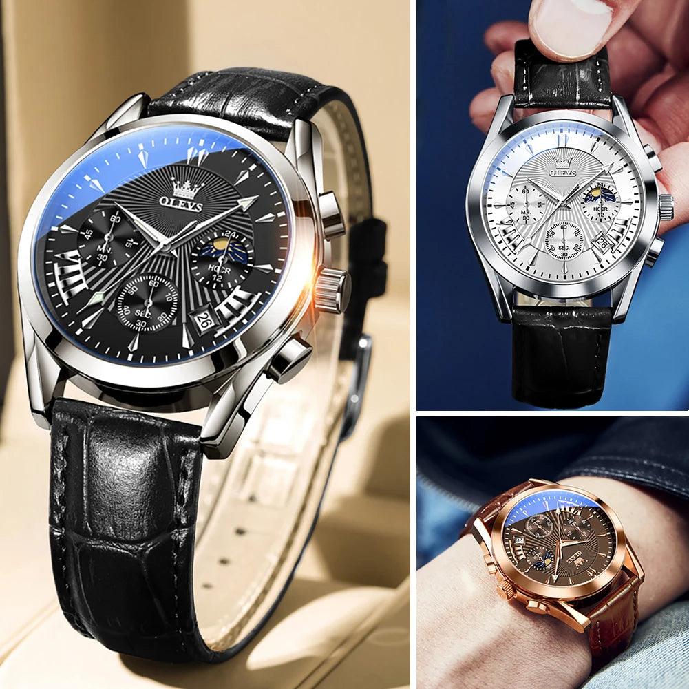 OLEVS Original Men's Watches Sport Chronograph Quartz Male Watch Waterproof Leather Strap Luminous Wristwatch 24 hour dial Carauana Store