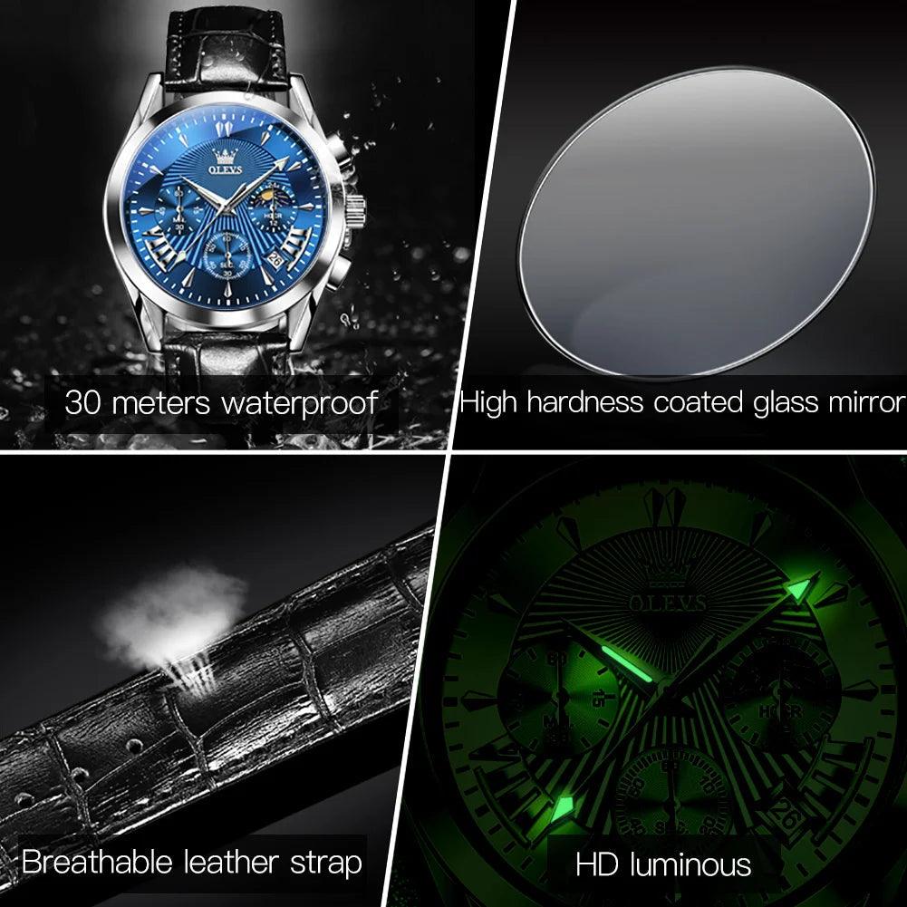 OLEVS Original Men's Watches Sport Chronograph Quartz Male Watch Waterproof Leather Strap Luminous Wristwatch 24 hour dial Carauana Store