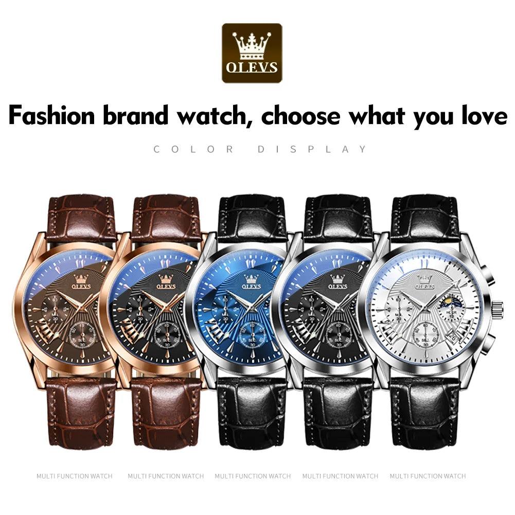 OLEVS Original Men's Watches Sport Chronograph Quartz Male Watch Waterproof Leather Strap Luminous Wristwatch 24 hour dial Carauana Store