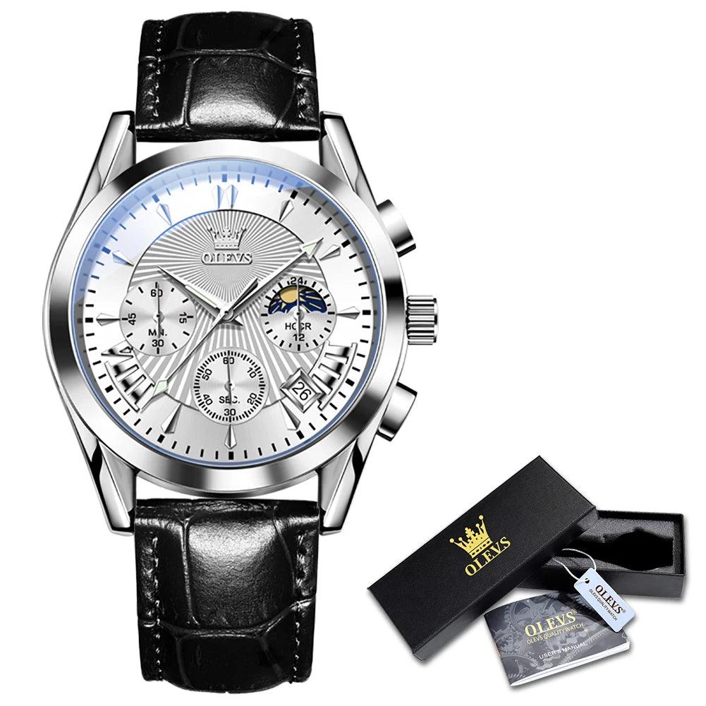 OLEVS Original Men's Watches Sport Chronograph Quartz Male Watch Waterproof Leather Strap Luminous Wristwatch 24 hour dial Carauana Store