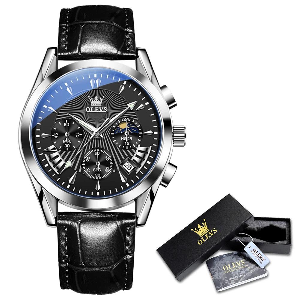OLEVS Original Men's Watches Sport Chronograph Quartz Male Watch Waterproof Leather Strap Luminous Wristwatch 24 hour dial Carauana Store