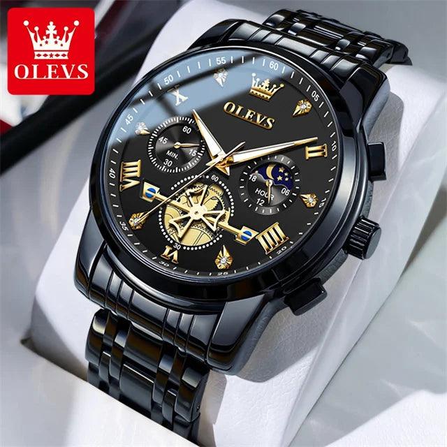 OLEVS Stainless Steel Men's Watches Chronograph Moon Phase Waterproof Luminous Quartz Wrist Watch for Men Luxury Brand Man Watch Carauana Store