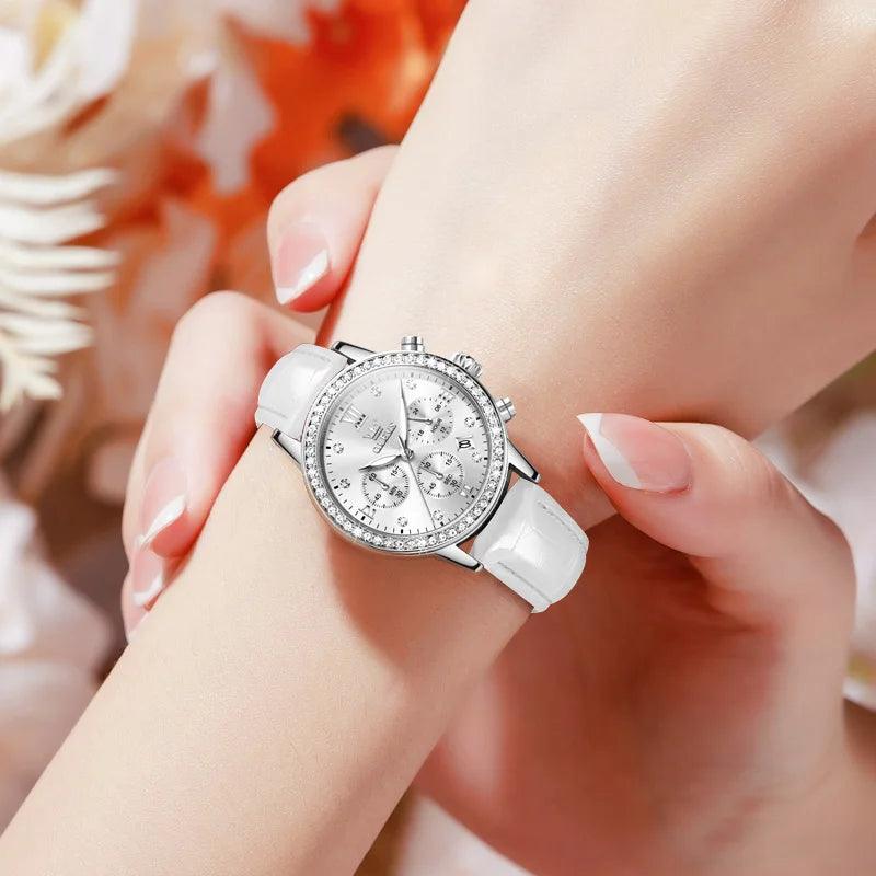 OLEVS Women's Diamond Quartz Wristwatch | Luxury Waterproof Leather Strap Multifunction Watch Carauana Store