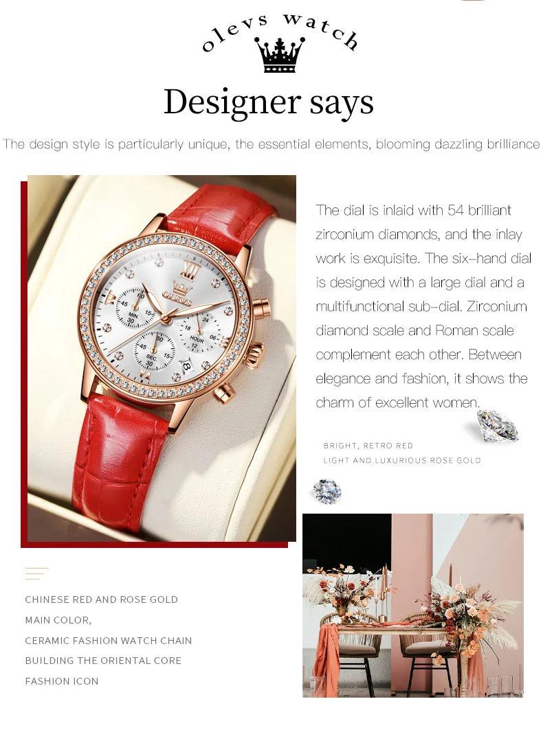 OLEVS Women's Diamond Quartz Wristwatch | Luxury Waterproof Leather Strap Multifunction Watch Carauana Store