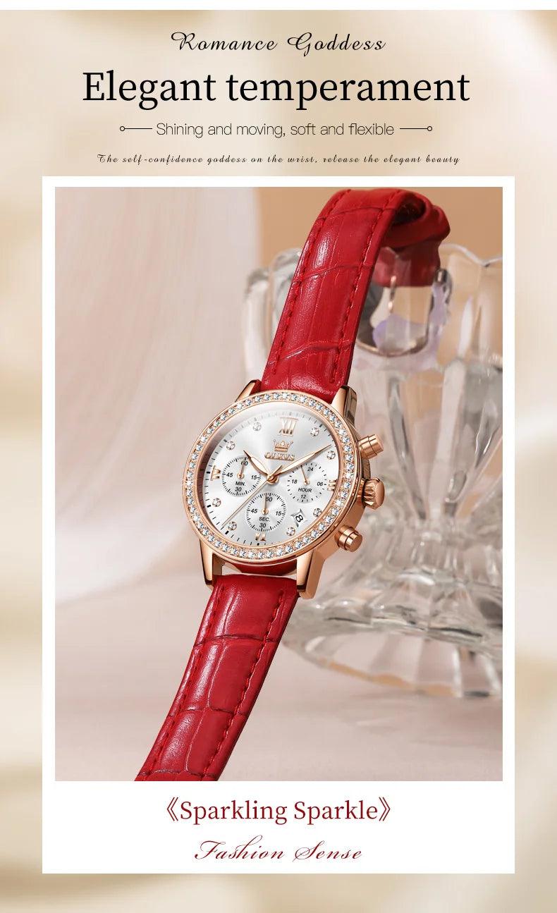 OLEVS Women's Diamond Quartz Wristwatch | Luxury Waterproof Leather Strap Multifunction Watch Carauana Store
