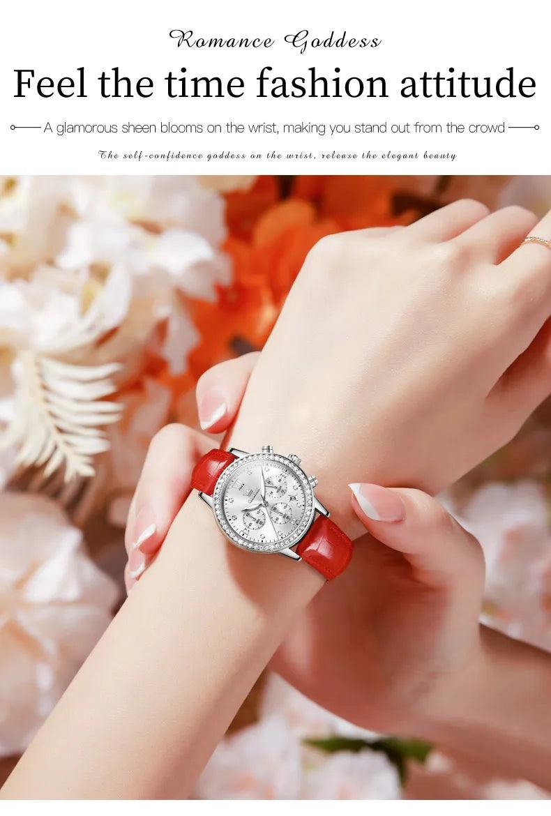 OLEVS Women's Diamond Quartz Wristwatch | Luxury Waterproof Leather Strap Multifunction Watch Carauana Store