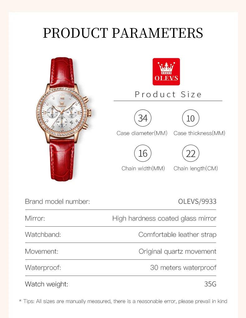 OLEVS Women's Diamond Quartz Wristwatch | Luxury Waterproof Leather Strap Multifunction Watch Carauana Store