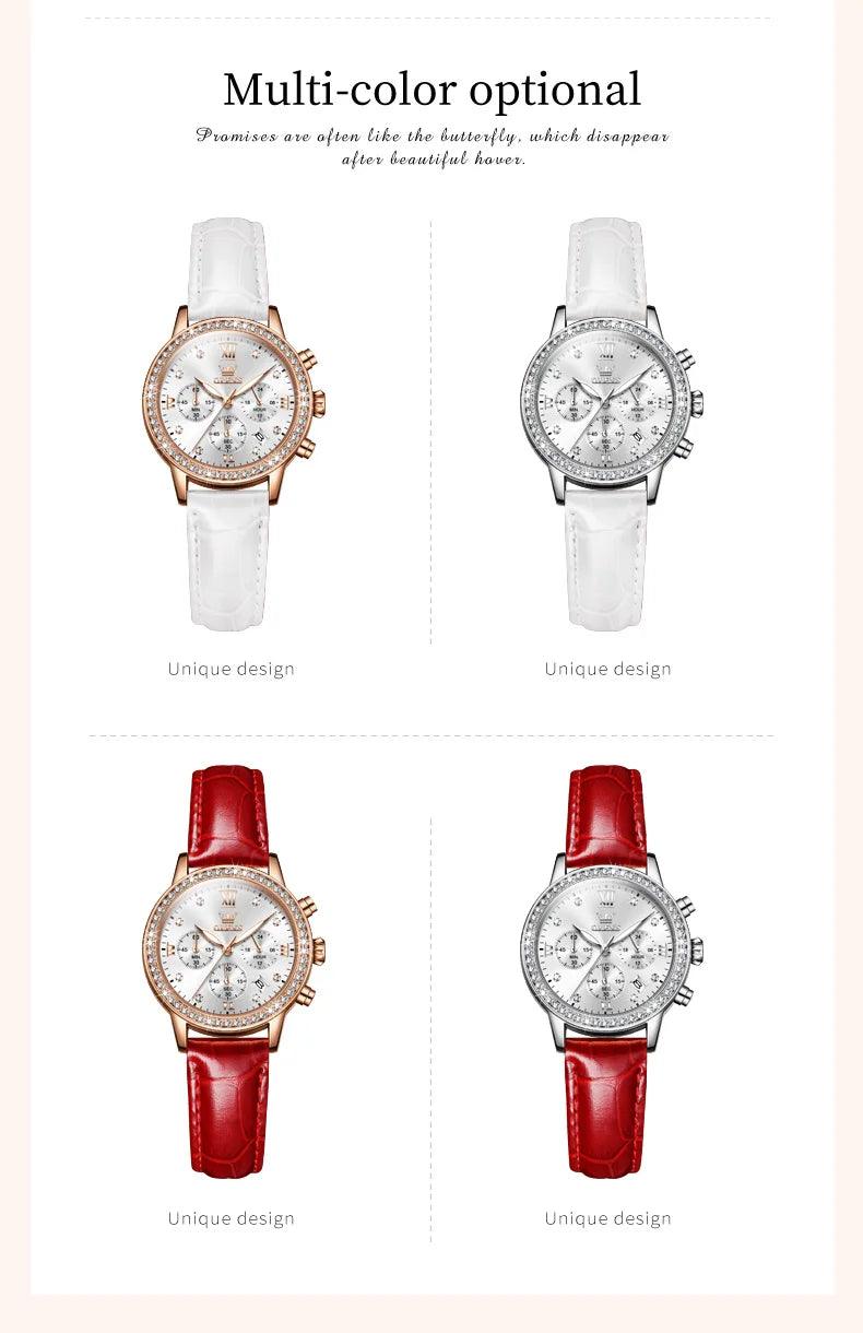 OLEVS Women's Diamond Quartz Wristwatch | Luxury Waterproof Leather Strap Multifunction Watch Carauana Store