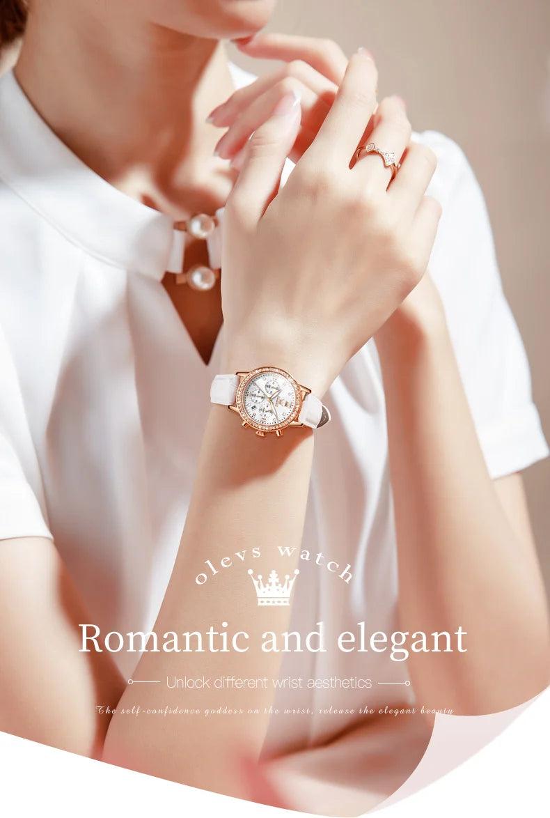 OLEVS Women's Diamond Quartz Wristwatch | Luxury Waterproof Leather Strap Multifunction Watch Carauana Store