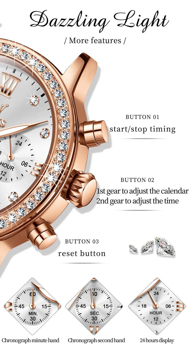 OLEVS Women's Diamond Quartz Wristwatch | Luxury Waterproof Leather Strap Multifunction Watch Carauana Store