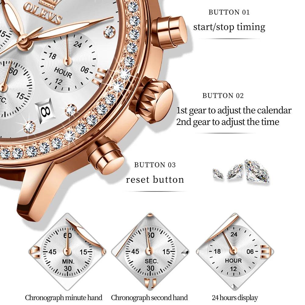 OLEVS Women's Diamond Quartz Wristwatch | Luxury Waterproof Leather Strap Multifunction Watch Carauana Store