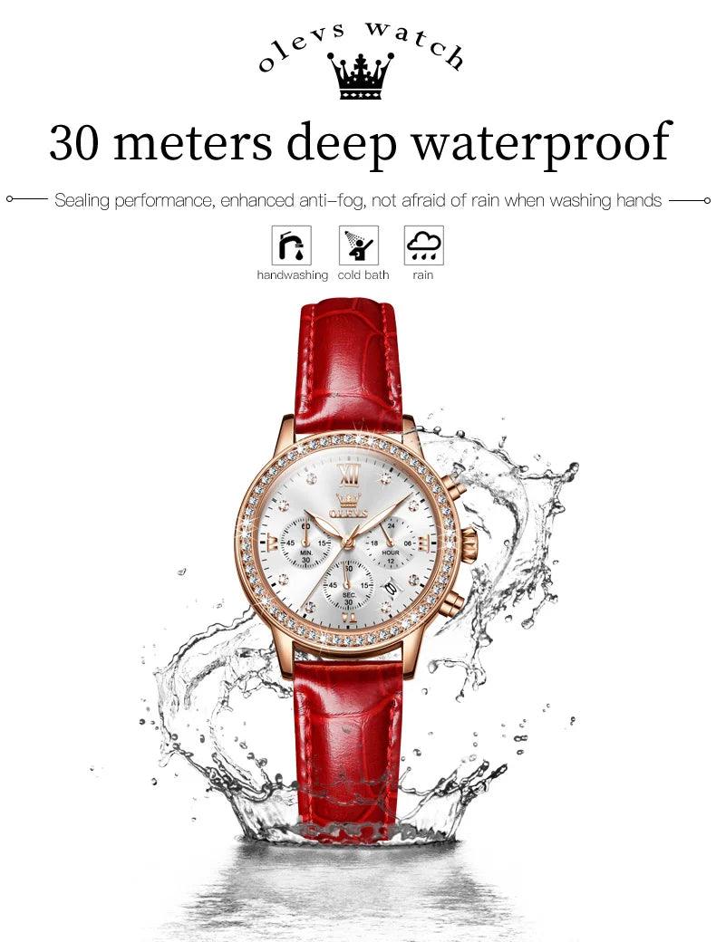 OLEVS Women's Diamond Quartz Wristwatch | Luxury Waterproof Leather Strap Multifunction Watch Carauana Store