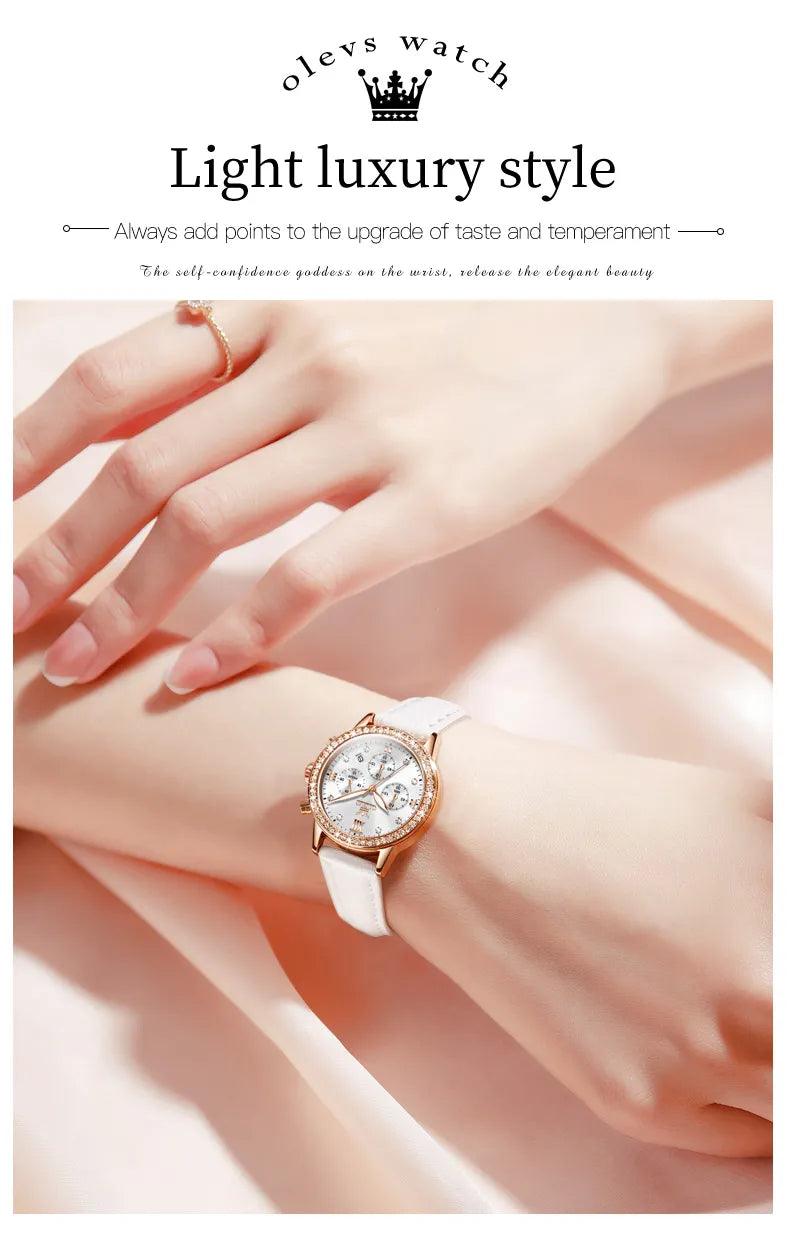 OLEVS Women's Diamond Quartz Wristwatch | Luxury Waterproof Leather Strap Multifunction Watch Carauana Store