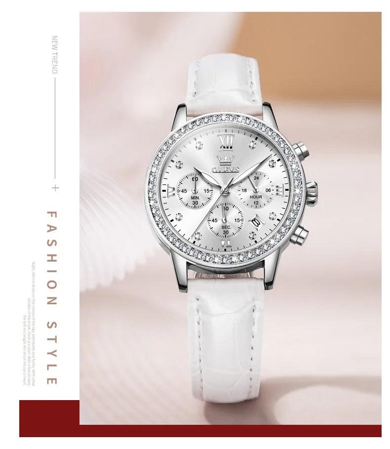 OLEVS Women's Diamond Quartz Wristwatch | Luxury Waterproof Leather Strap Multifunction Watch Carauana Store