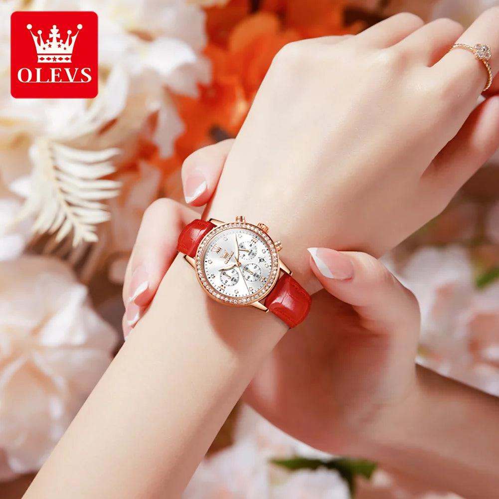OLEVS Women's Diamond Quartz Wristwatch | Luxury Waterproof Leather Strap Multifunction Watch Carauana Store