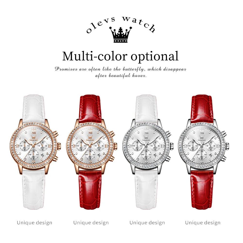 OLEVS Women's Diamond Quartz Wristwatch | Luxury Waterproof Leather Strap Multifunction Watch Carauana Store